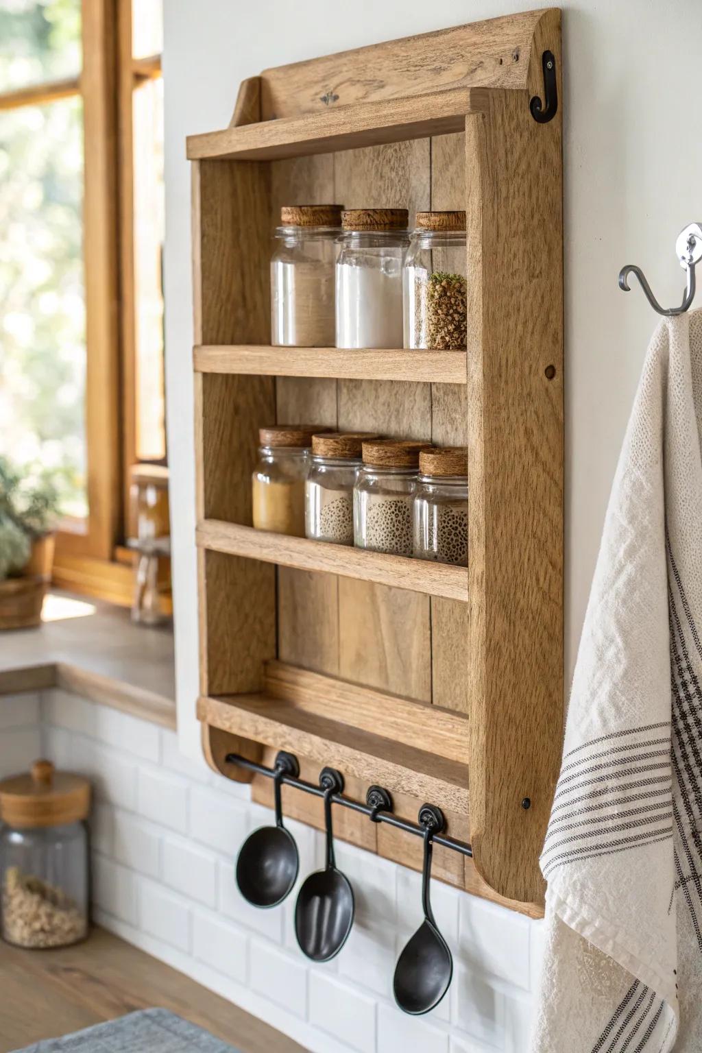 Rustic spice rack with tiny hooks—keep your measuring spoons right where you season.