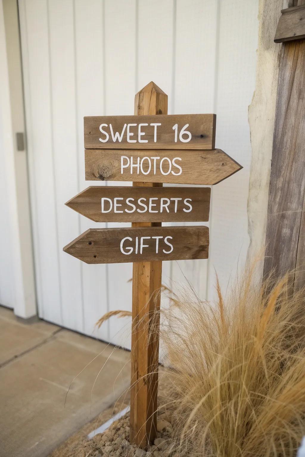 DIY reclaimed-wood Sweet 16 signpost—simple arrows that guide guests with rustic charm.
