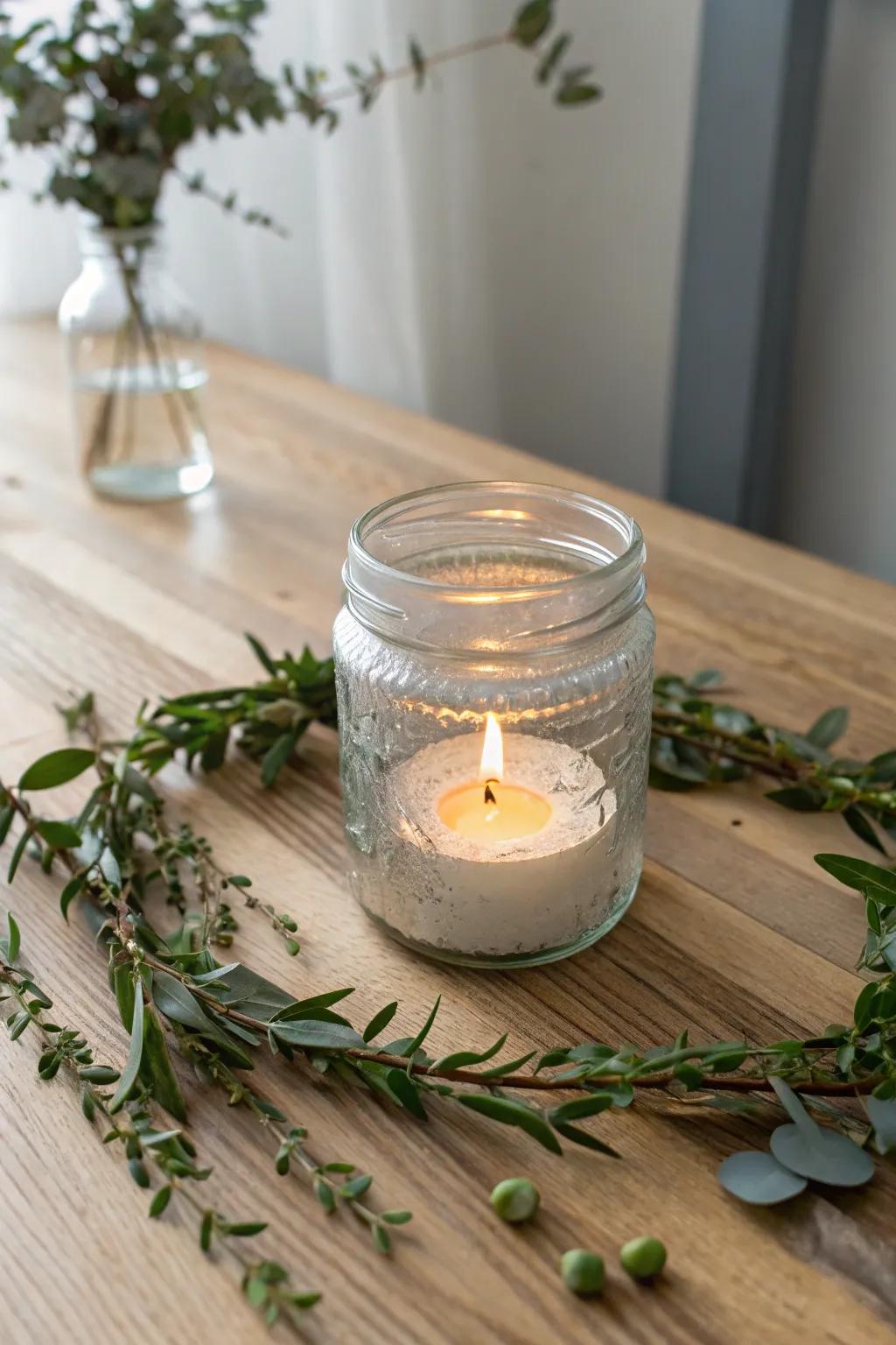 A simple canning jar + tea light and a halo of greenery for instant rustic warmth.