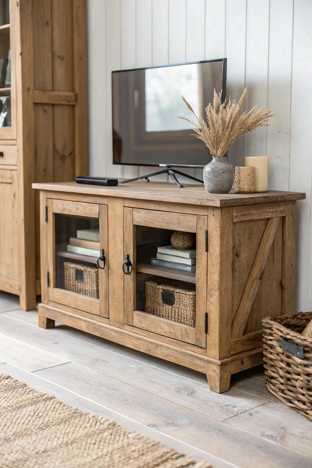 Rustic glass-front TV stand—vintage charm, dust-free display, and warm Scandinavian calm.