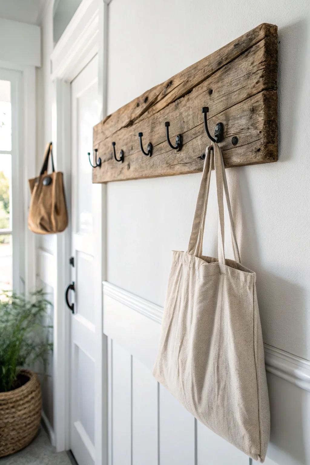 Weathered wood hook rail with matte-black hooks—rustic storage that still feels calm and curated.
