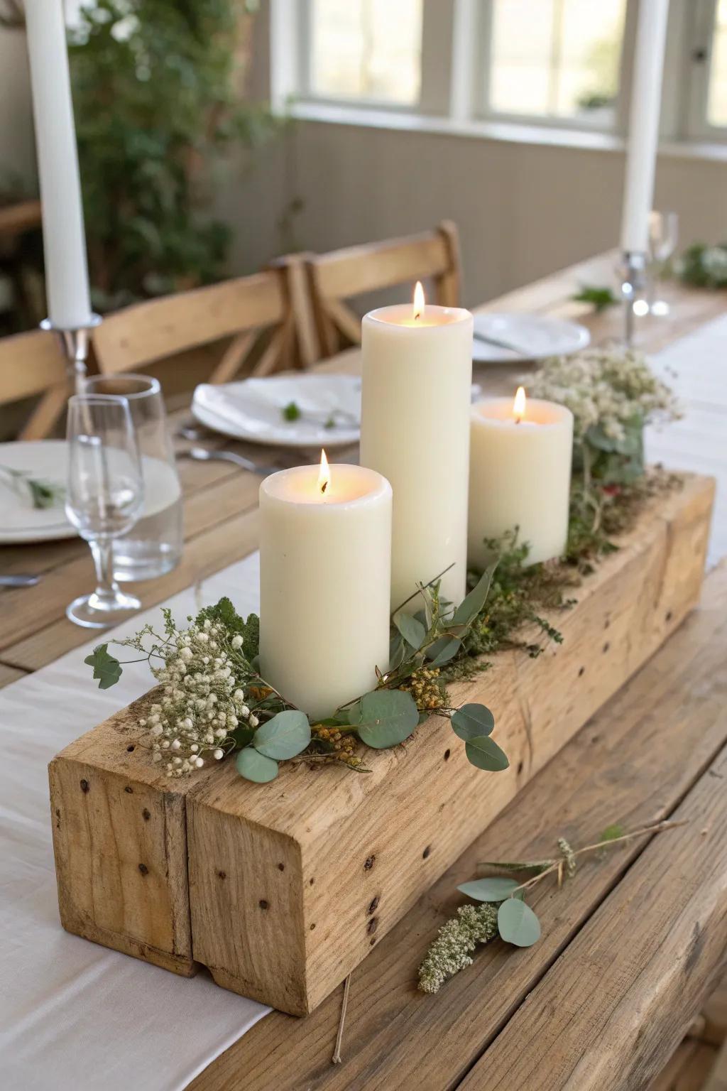 Rustic wood block taper holder with bud vases—minimal, warm, and wedding-ready.