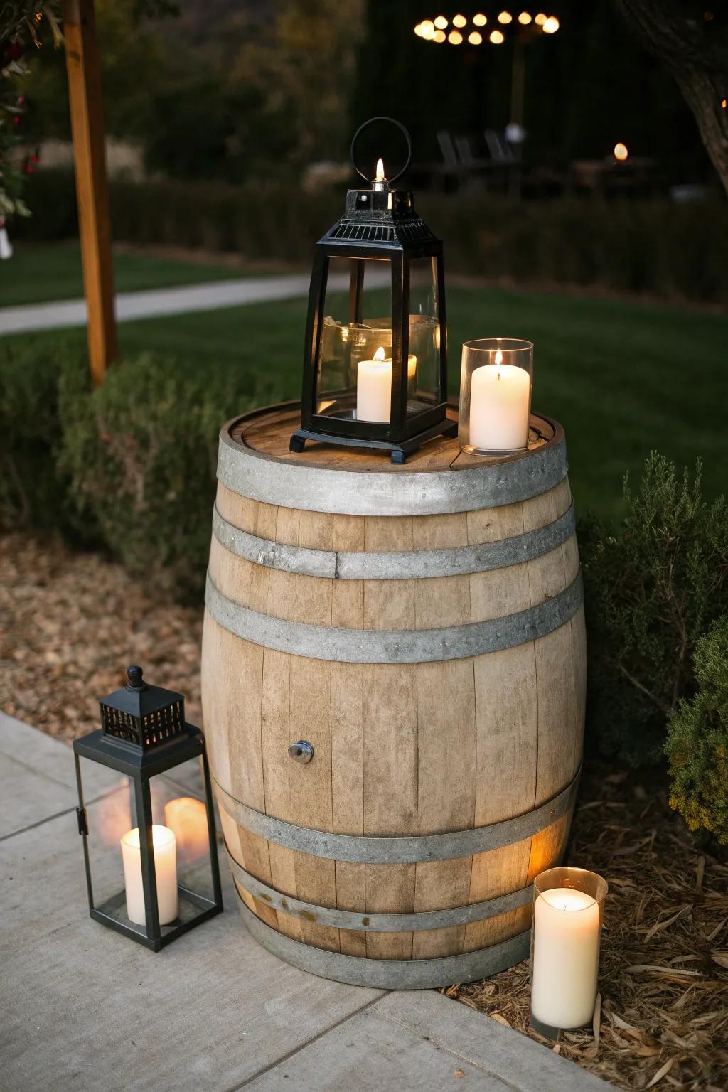 Lantern glow and pillar candles atop a rustic wine barrel—simple, magical dusk wedding decor.