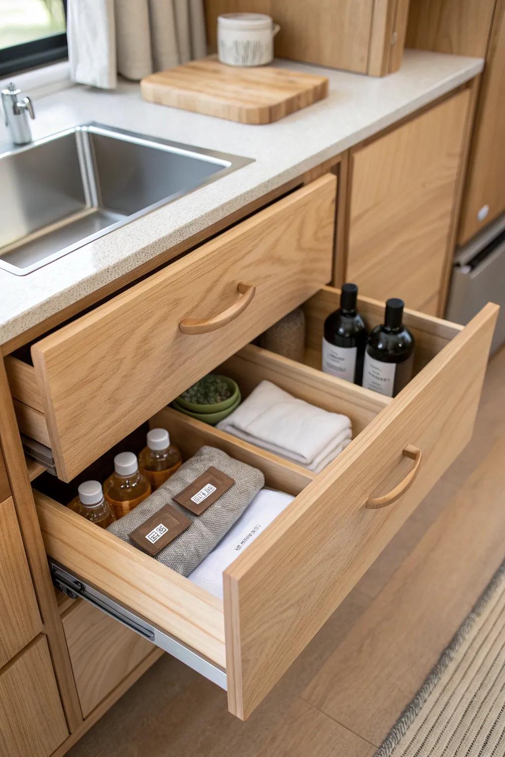 Slide-out bartender drawer: oak dividers keep shaker, bitters, and linens tidy on the road.