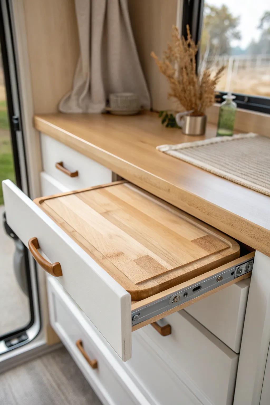 Slide-out hardwood work surface adds instant RV counter space—minimal, durable, beautiful.