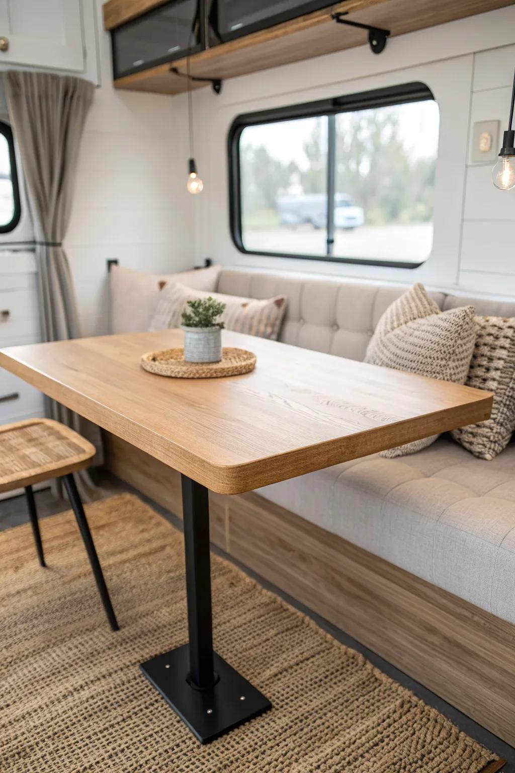 Light oak RV dining table with sleek matte-black metal legs—simple, modern, and custom-looking.