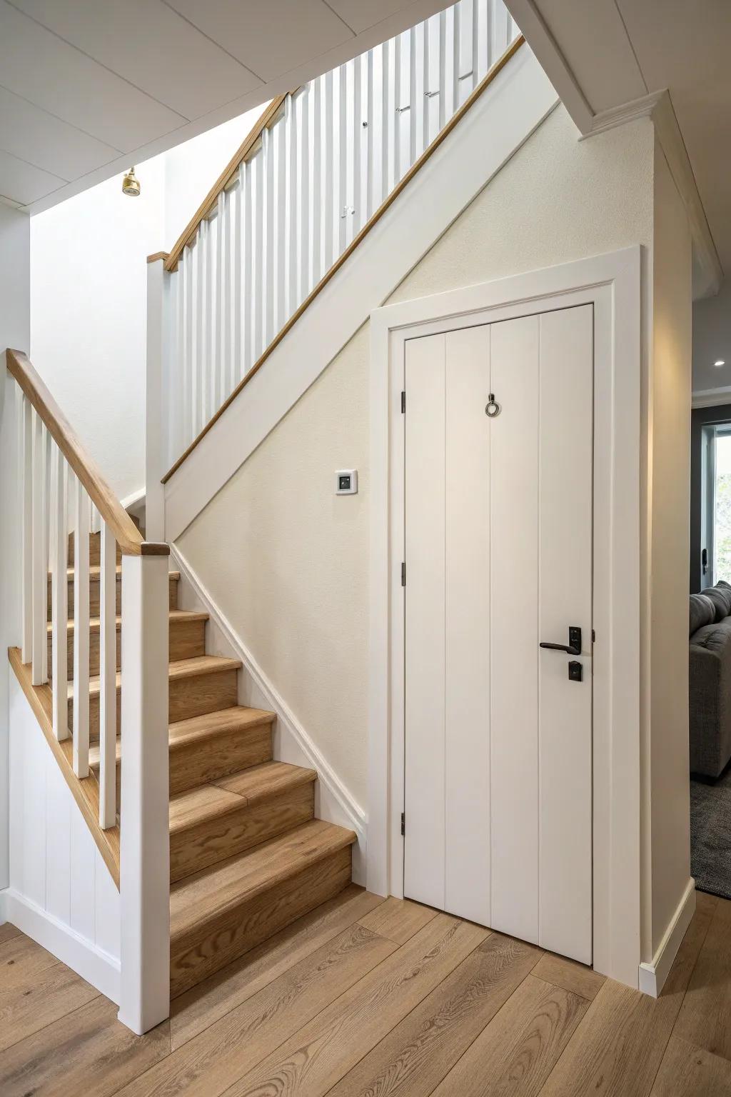 A hidden under-stairs safe room door—flush, handle-free, and nearly invisible in plain sight.