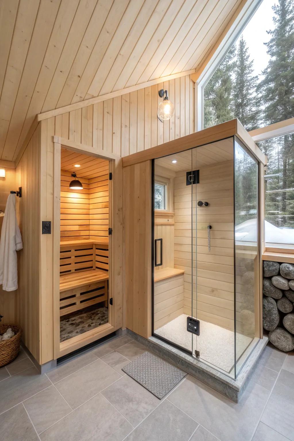 Corner sauna with diagonal glass shower—max walking space, warm wood, clean minimalist lines.