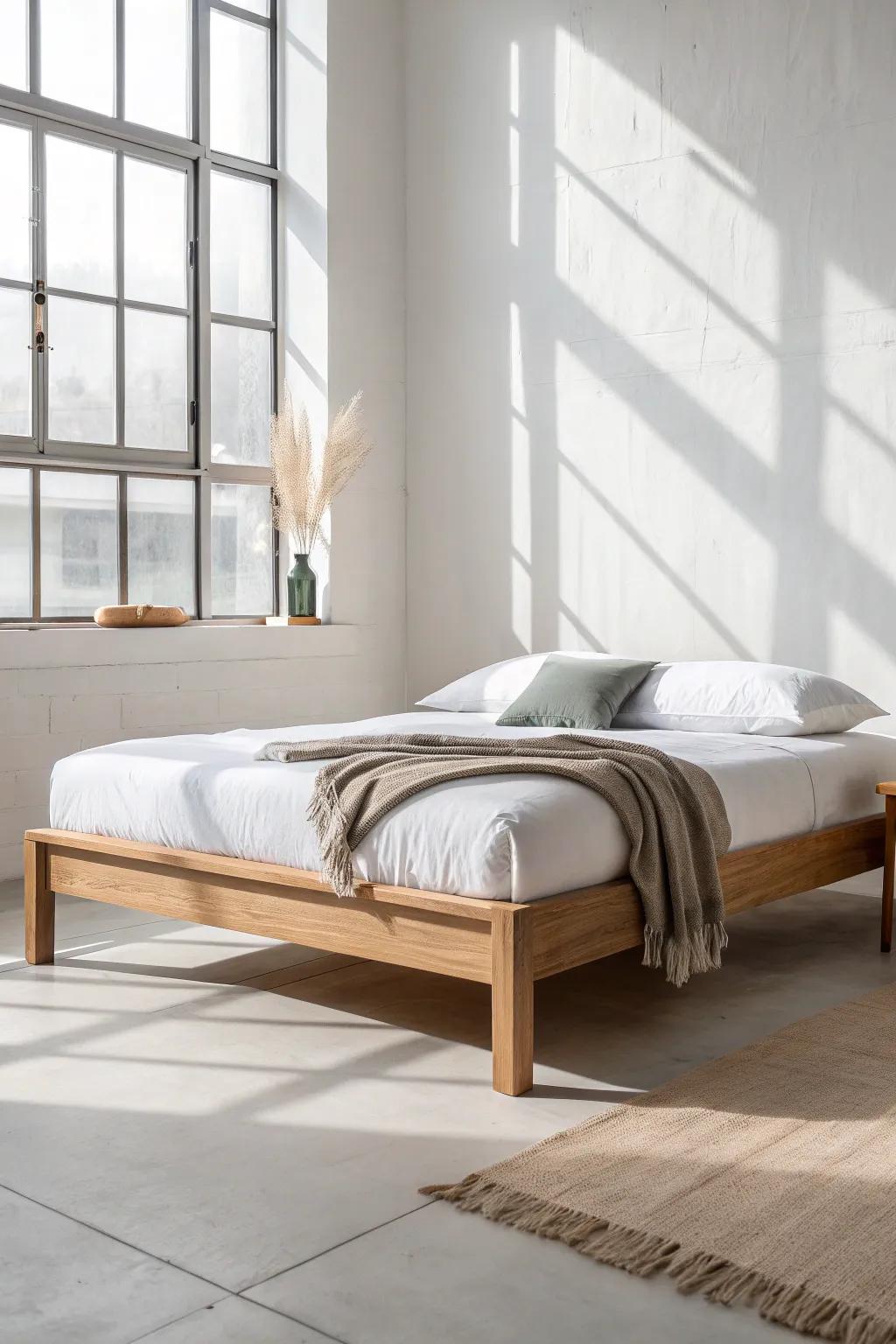 A low oak bed with airy legs keeps the room light, calm, and effortlessly Scandinavian.