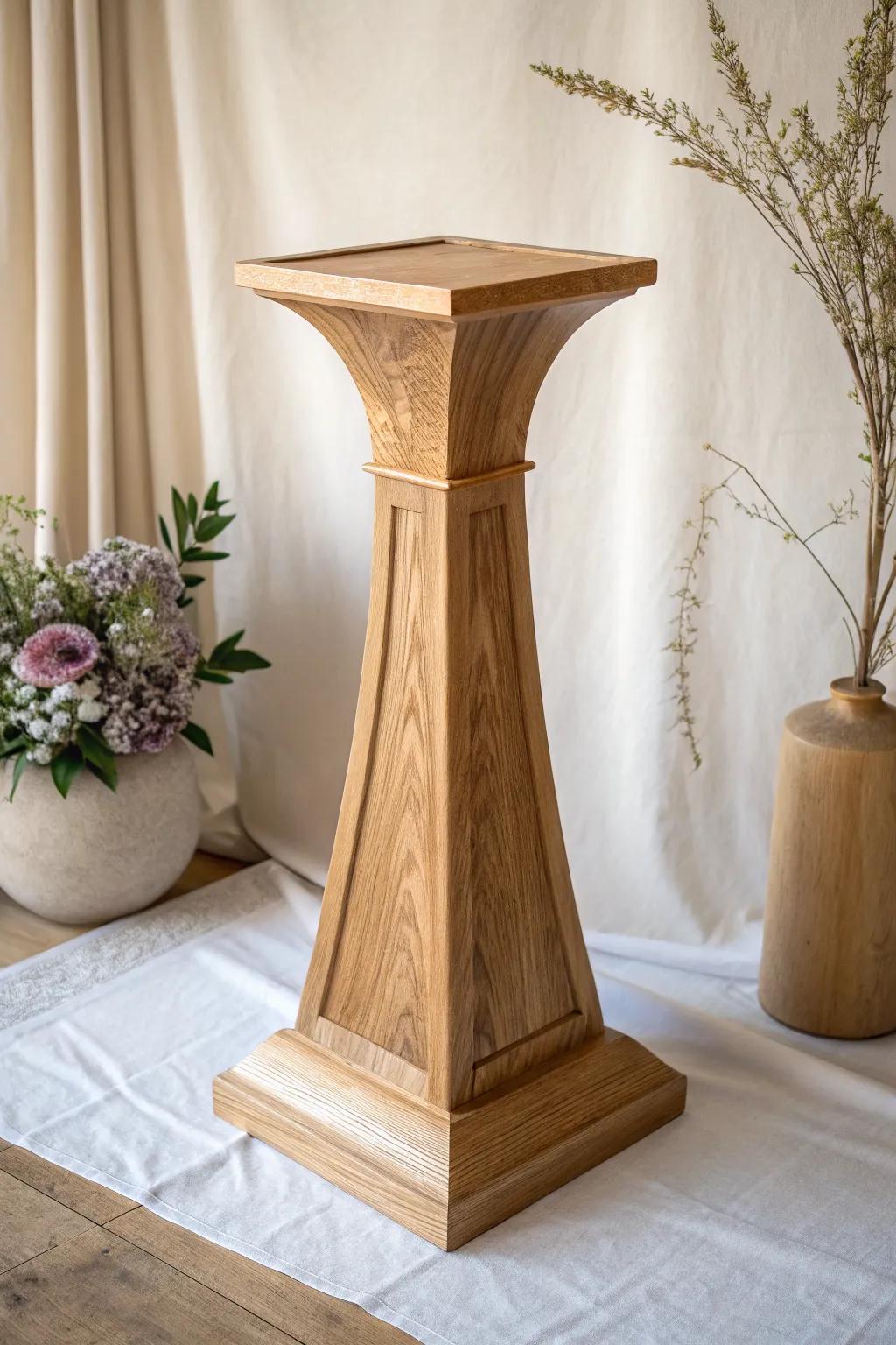 Subtle taper, modern lines: a clean oak pedestal base that lets abstract sculptures shine.