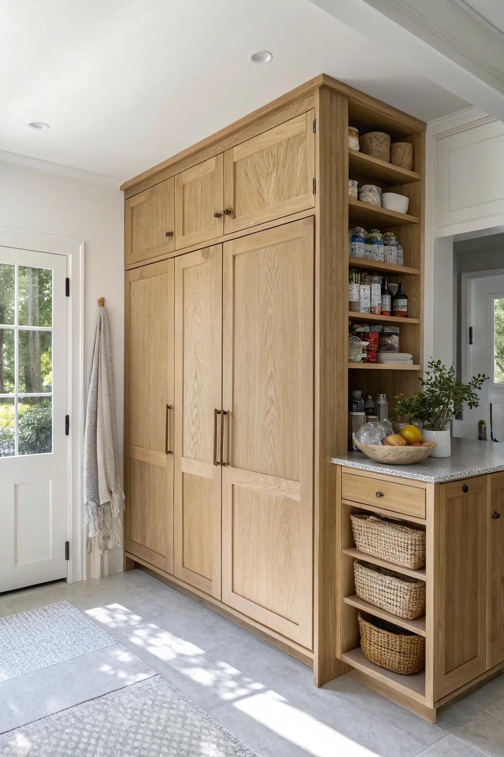 Serene pantry wall with an extra fridge/freezer—bulk storage that keeps the main kitchen calm.