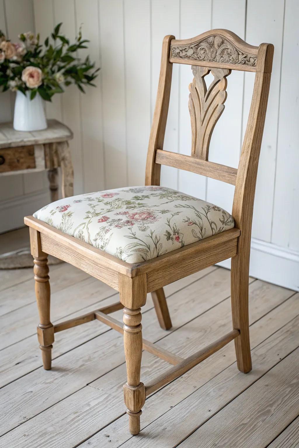 Soft floral tie-on cushion turns a simple wooden chair into shabby chic kitchen charm.