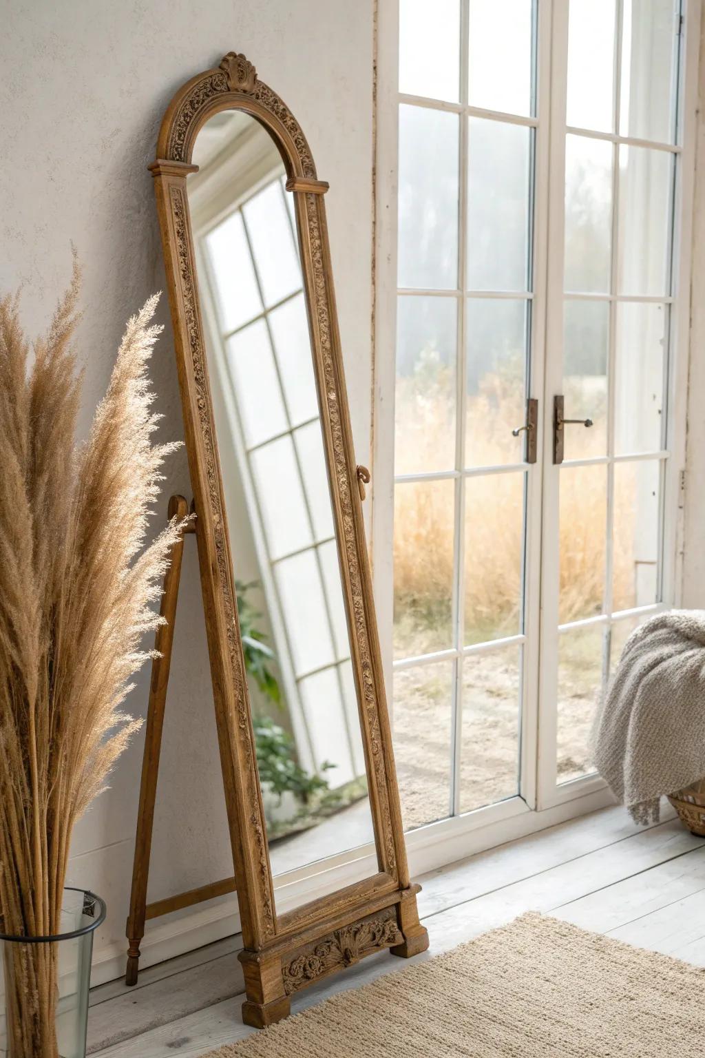 A softly tarnished antique mirror adds light and warmth to a shabby chic office corner.