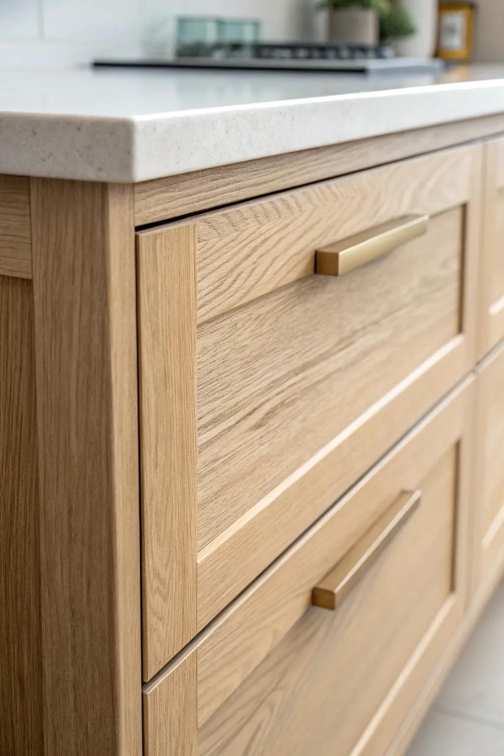 Sleek brushed brass edge pulls that keep Shaker drawer fronts clean, modern, and seamless.