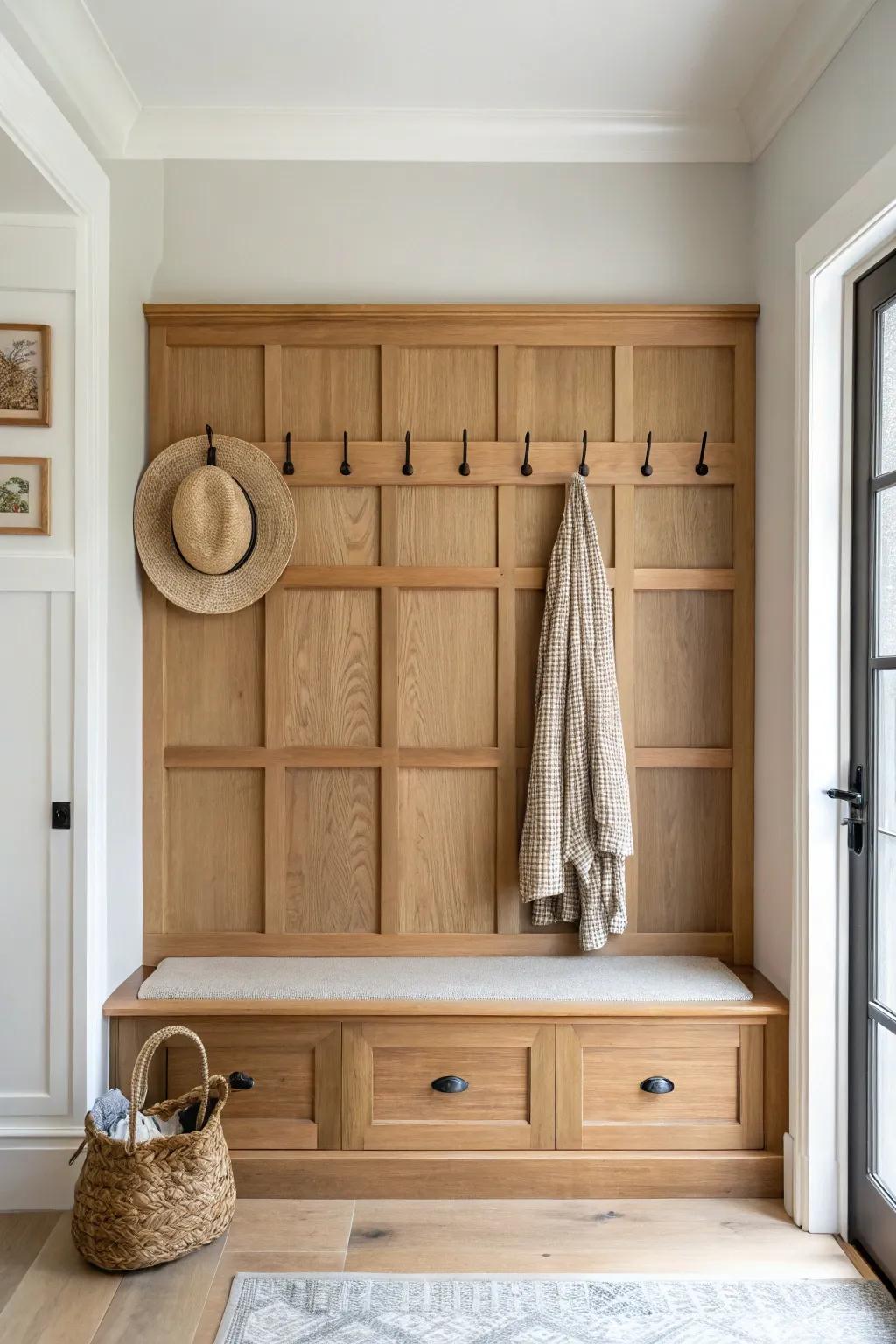 Shaker entryway wall panels with a slim ledge and hook rail—pretty grid, real-life function.