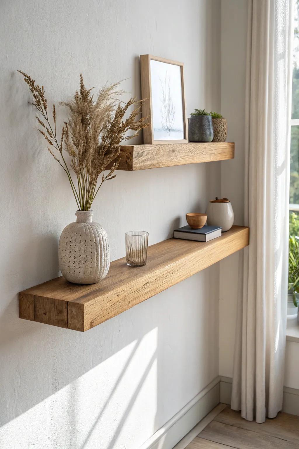 Wraparound skirt board cover for a built-in shelf look—reclaimed wood warmth, clean lines.