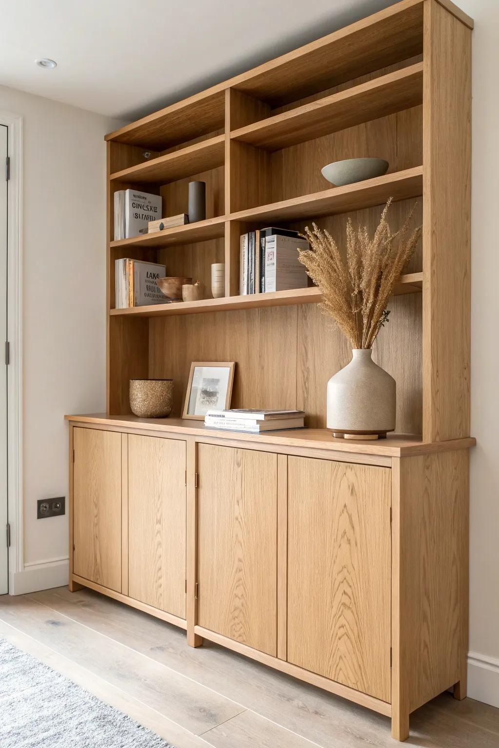 Open shelves for your favorites, base cabinets for the mess—clean oak storage with warmth.