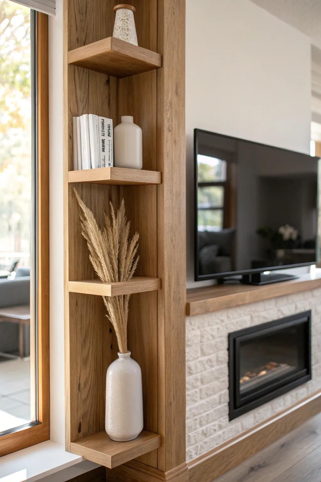 Cozy fireplace media wall: light oak flank shelves keep the TV balanced and airy.
