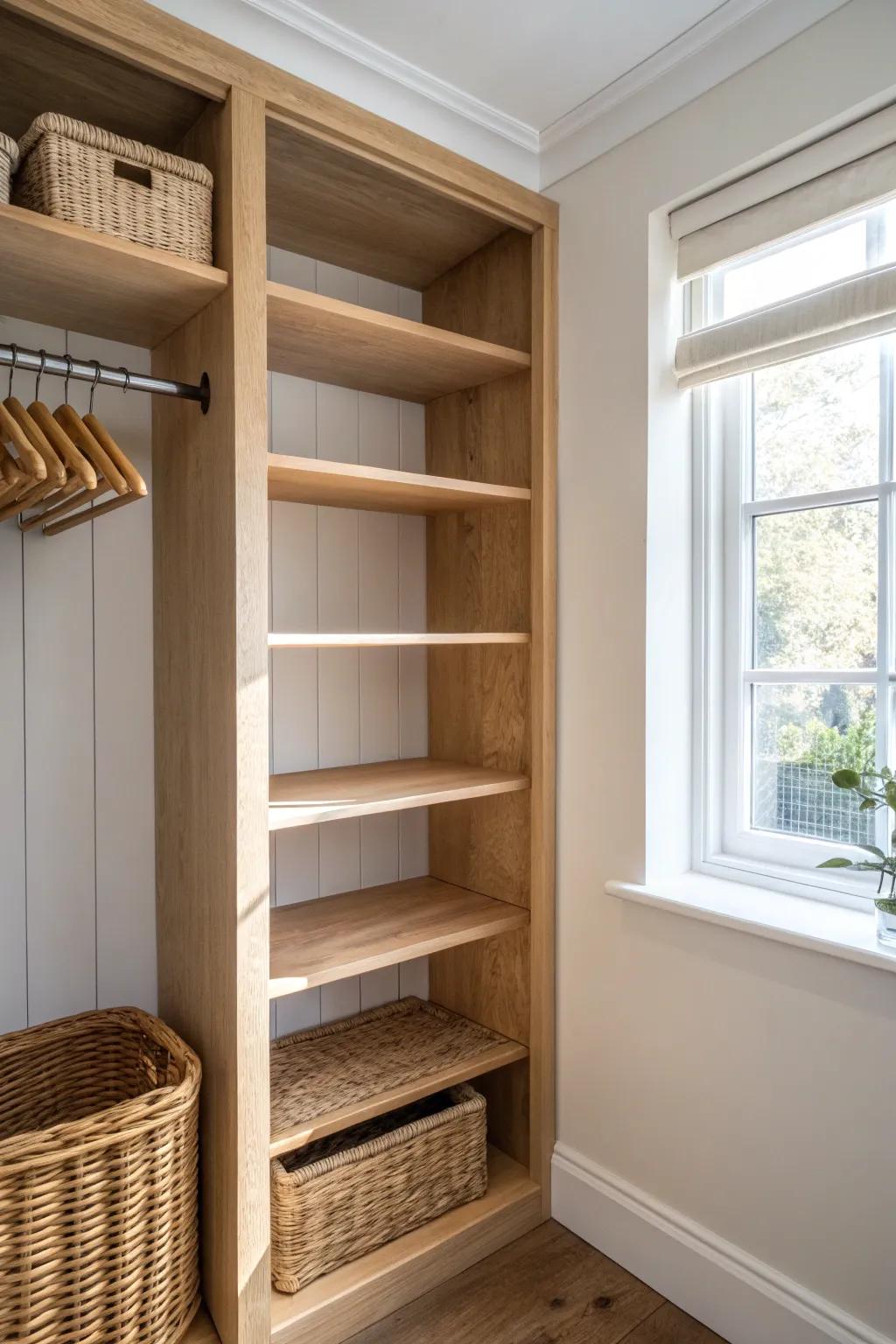 Add a second top shelf to capture wasted closet airspace—pretty, practical storage for bins.