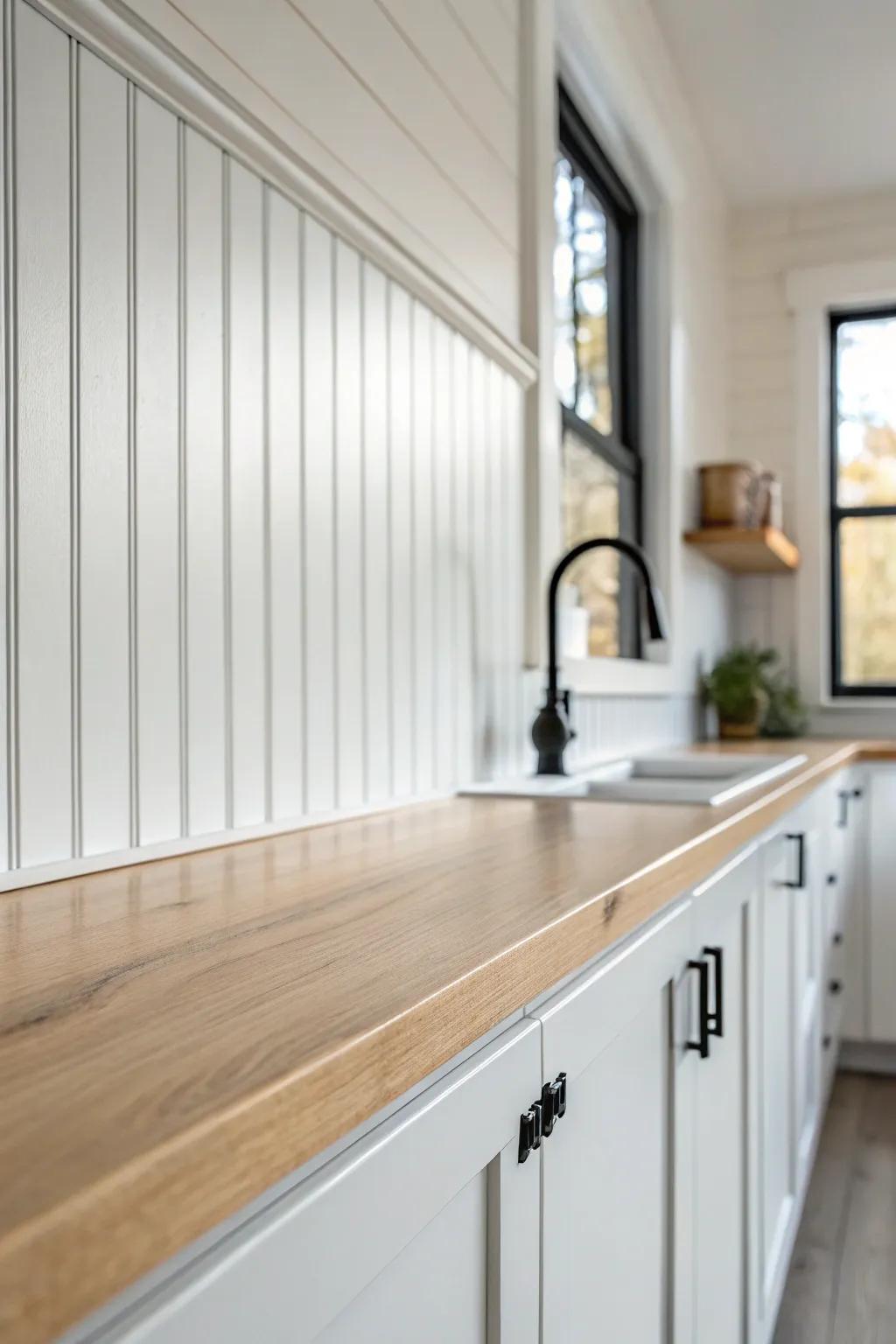 Skinny shiplap adds a whisper of texture—bright, clean, and cozy for small kitchens.