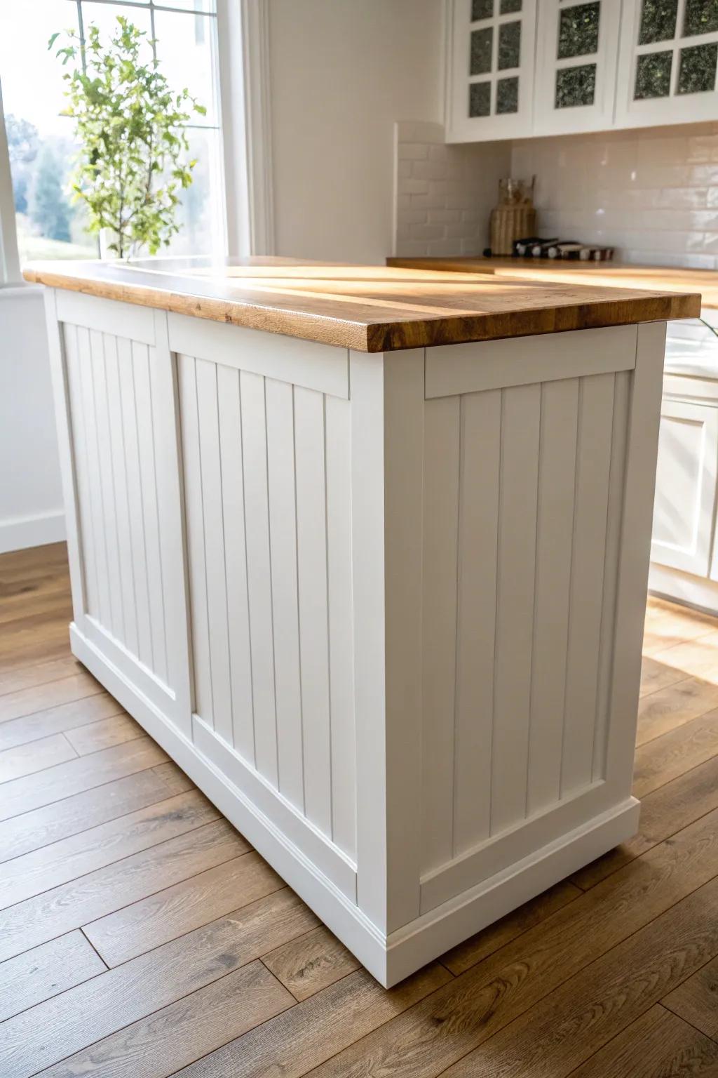 White shiplap bar with a thick butcher block top—warm grain, sealed finish, timeless style.