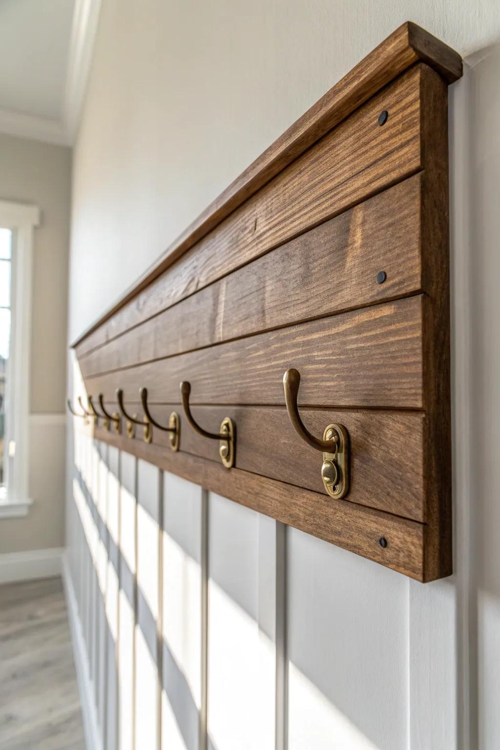 Warm stained shiplap makes a simple mudroom hook rail feel high-end—let the grain shine.