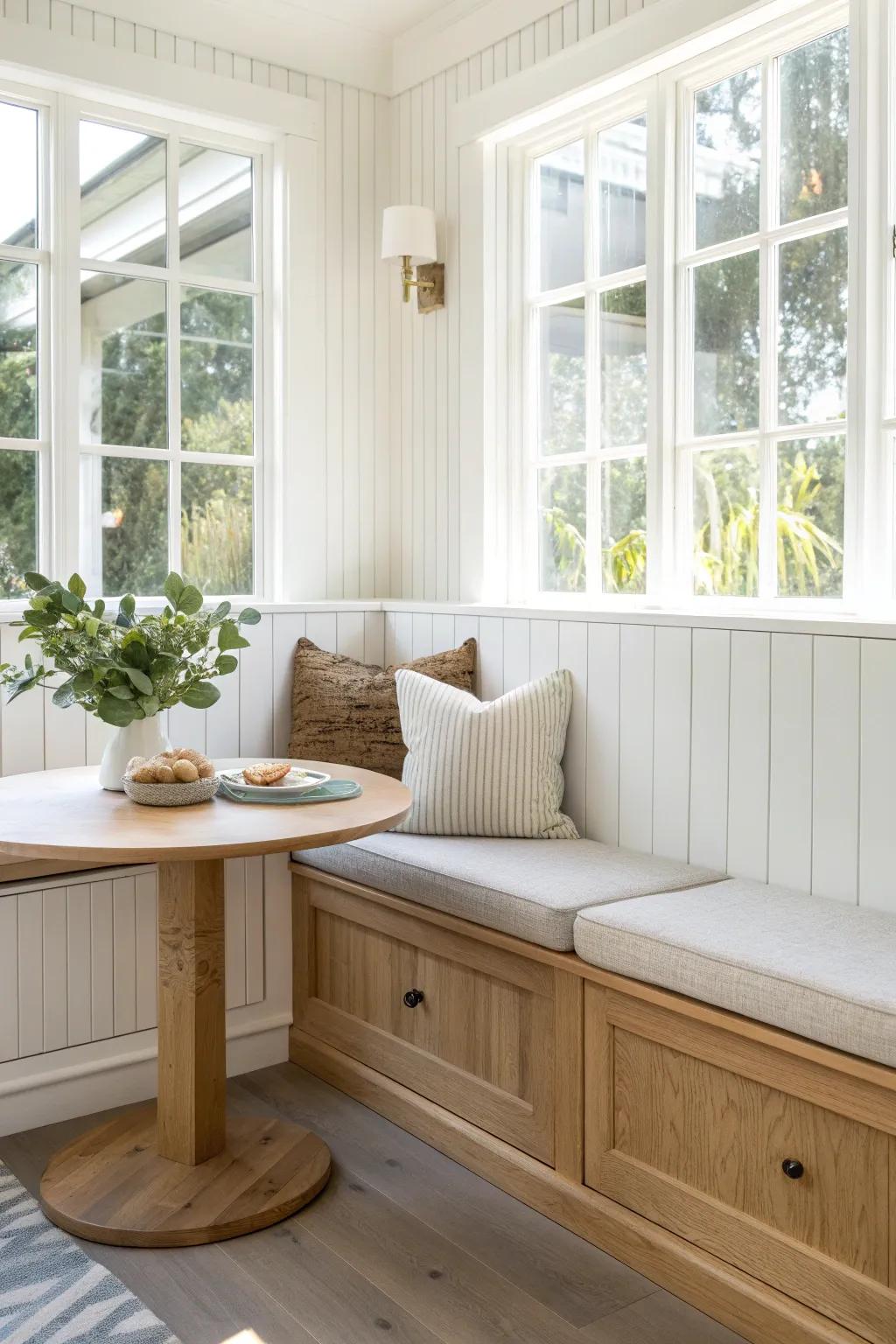 Shiplap-backed banquette nook with lift-up storage—minimal, sunlit, and beautifully crafted.