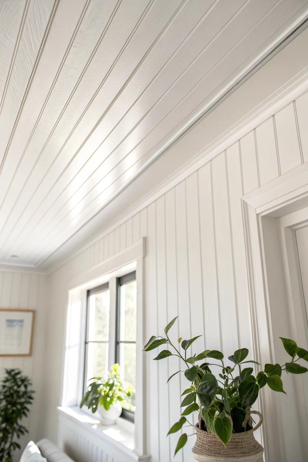 Seamless shiplap-to-ceiling finish—no top trim, just smooth paintable caulk for an airy look.