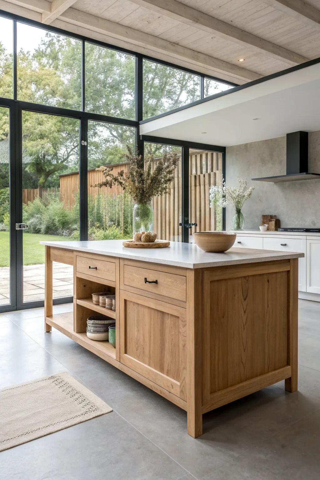 A light oak island that keeps your kitchen connected to the shop—bright, minimal, and warm.