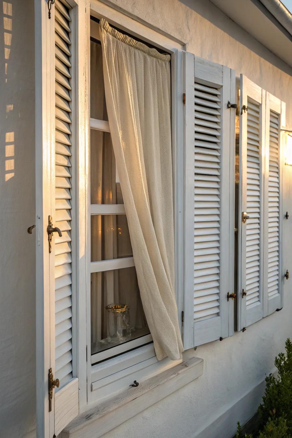 Layered linen curtains over crisp wood shutters—soft, cozy, and beautifully structured.