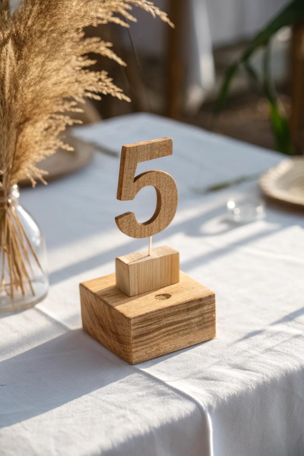 DIY wooden table numbers in a simple block base—minimal, warm, and wedding-ready.