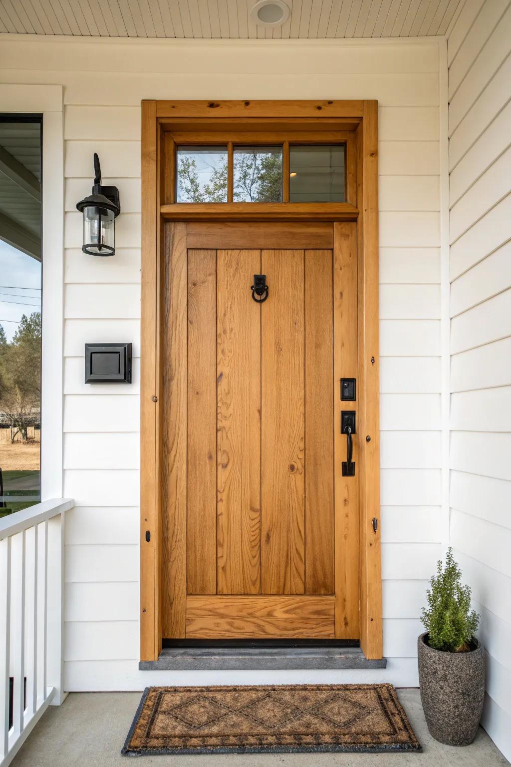 Warm wood grain door with crisp white trim—modern farmhouse curb appeal, clean and timeless.
