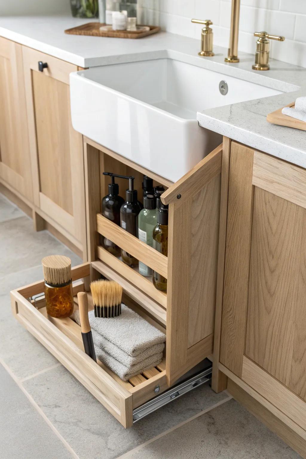 A slim pull-out cabinet keeps sprays and brushes tidy—add a wipeable tray for leaks.