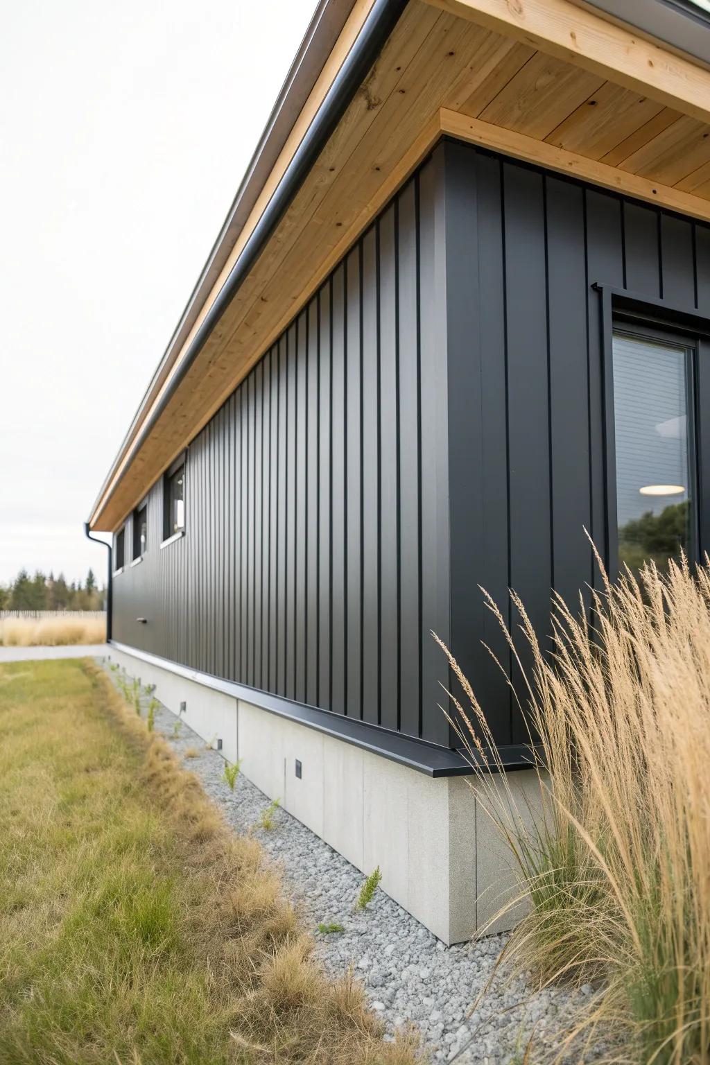 Matte black metal skirting with a warm oak cap gives pier-and-beam homes a crisp finish.