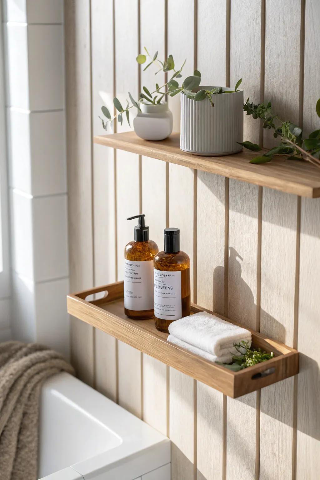 Warm oak slat wall + a slim floating shelf—everyday bottles styled like a spa display.