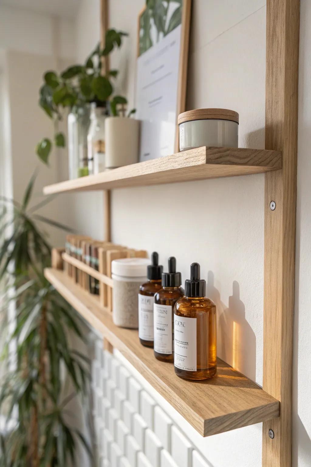 A slim slat wall shelf keeps paints and finishes upright, visible, and beautifully organized.