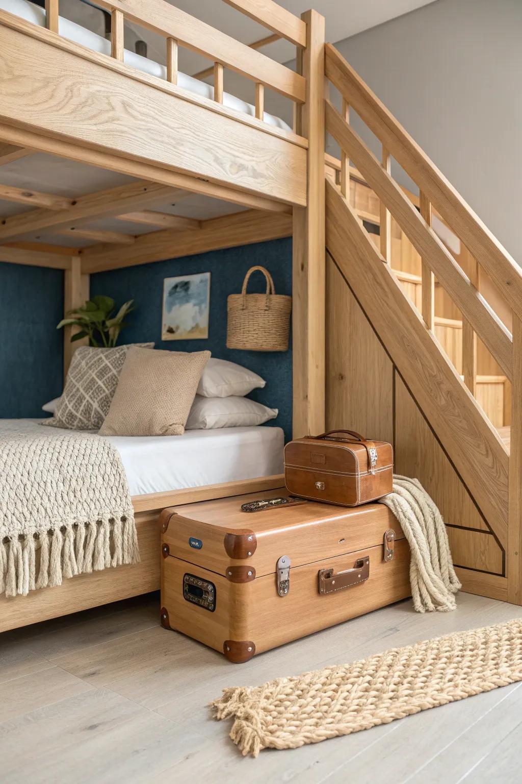 Guest sleeping loft with a suitcase nook—warm oak craftsmanship for a cozy studio escape.