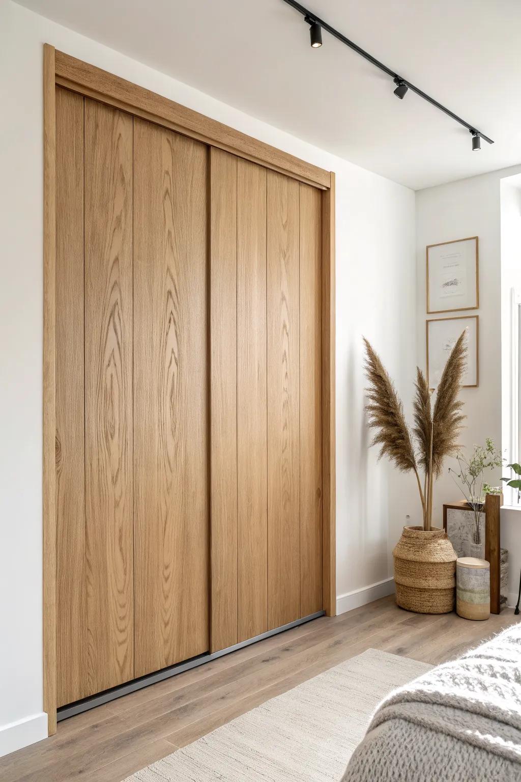 Real wood veneer skin transforms a flat sliding closet door into warm, custom-looking grain.
