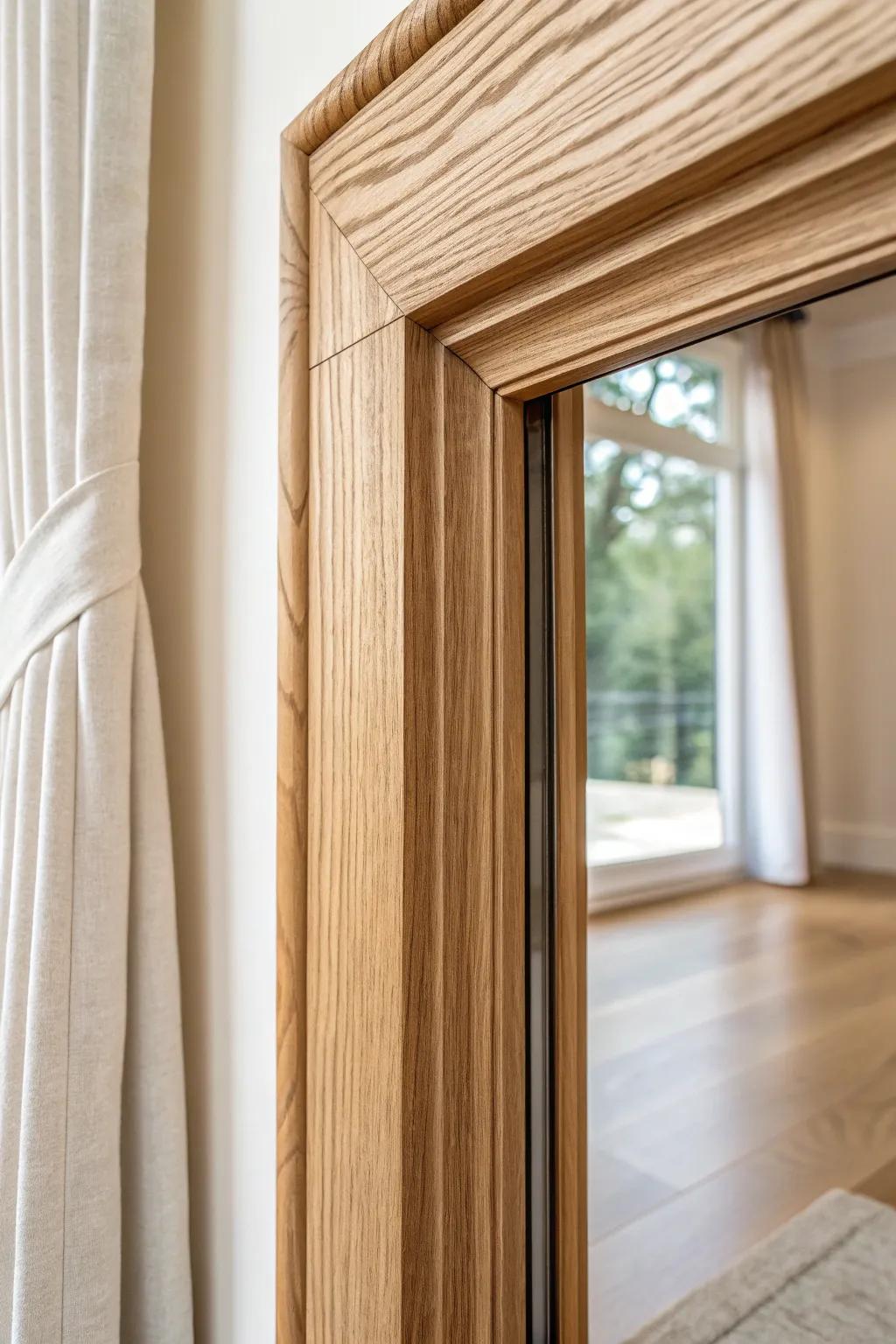 Fluted wood casing with a classic header turns a sliding glass door into a timeless focal point.