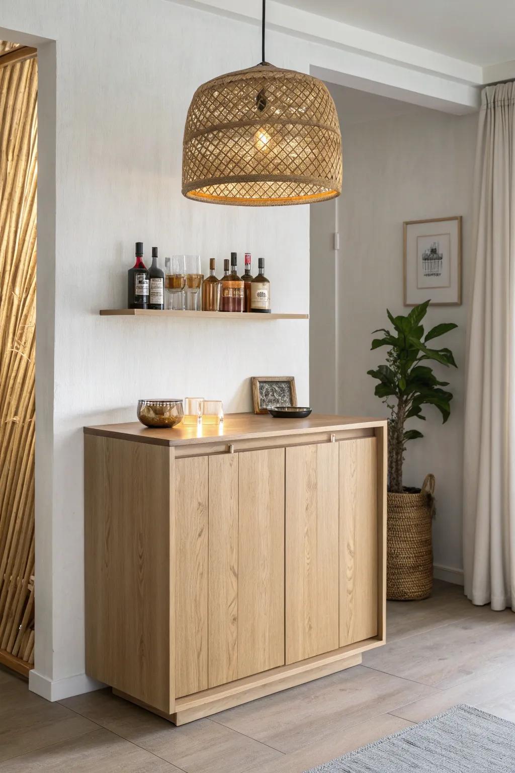 A tiny oak bar feels luxe with a bold woven pendant and discreet under-shelf glow.