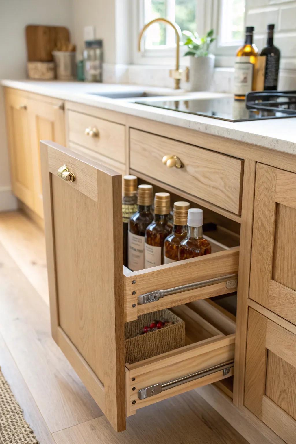 Turn a skinny cabinet gap into a sleek pull-out pantry bar—beautiful, space-smart storage.