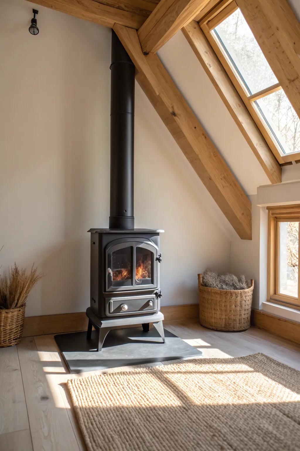 A central wood stove with a tall flue turns barn height into a warm, sculptural feature.