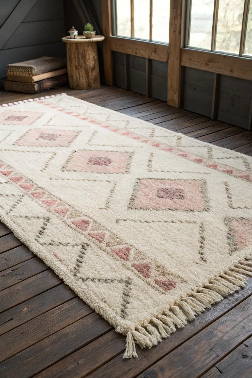 Layered wool rug on reclaimed loft boards—soft, quiet warmth for a small barn retreat.