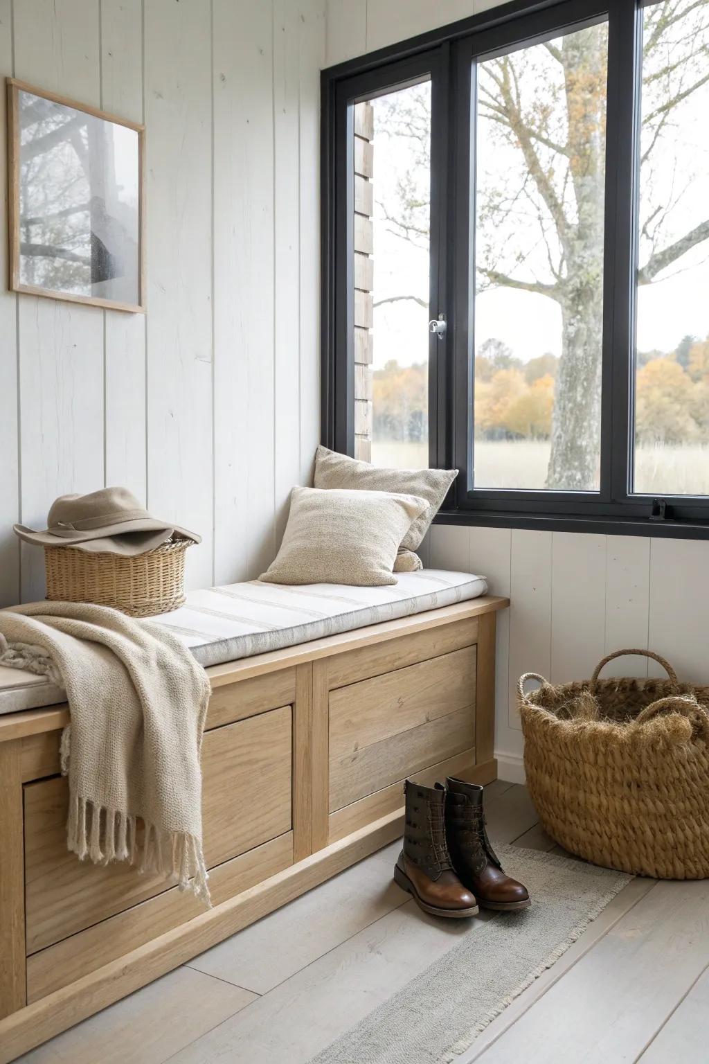 Built-in window bench with hidden storage—warm oak, clean lines, and clutter-free comfort.