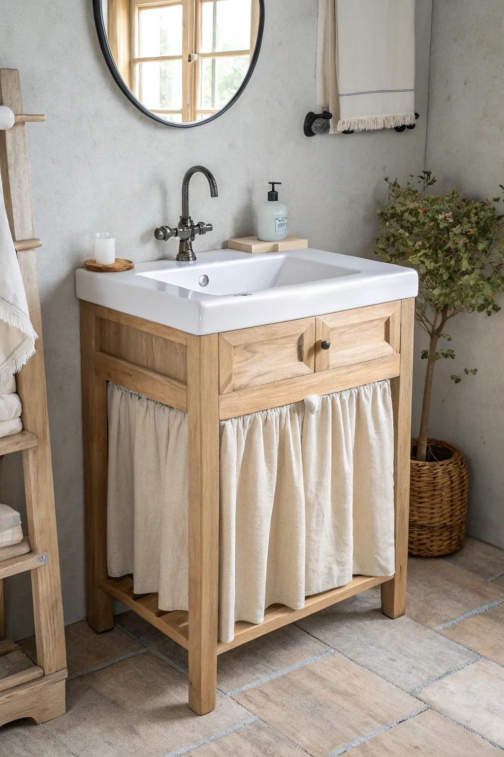 A linen sink skirt vanity hides storage with soft cottage charm—perfect for small bathrooms.