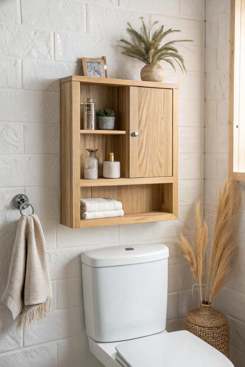 Light oak over-the-toilet cabinet with an open cubby—pretty display up top, clutter hidden below.
