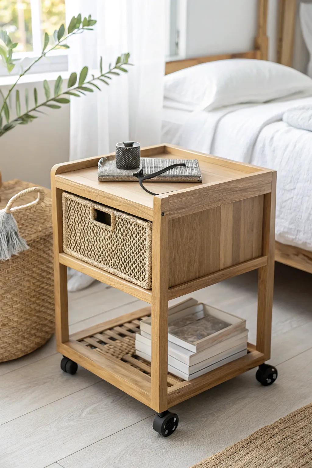 A slim oak rolling cart hides cords and paper clutter—then tucks away for calm, tidy vibes.