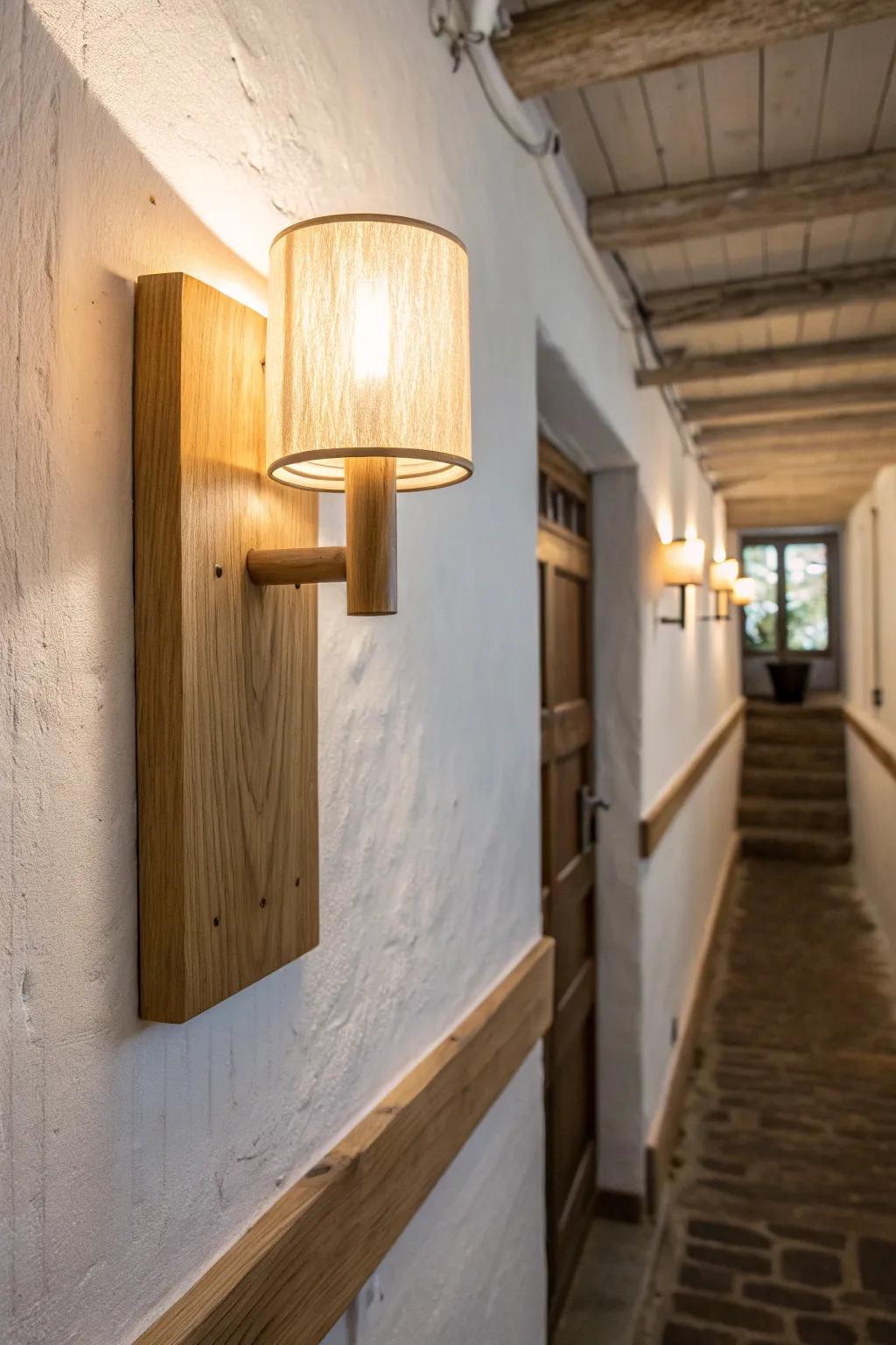 Warm oak wall sconce glow turns a small breezeway into a calm, welcoming entry at night.