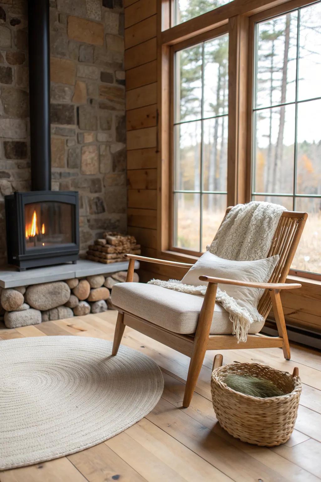 Angle seating toward the hearth or view—make your cabin a conversation space, not a TV room.