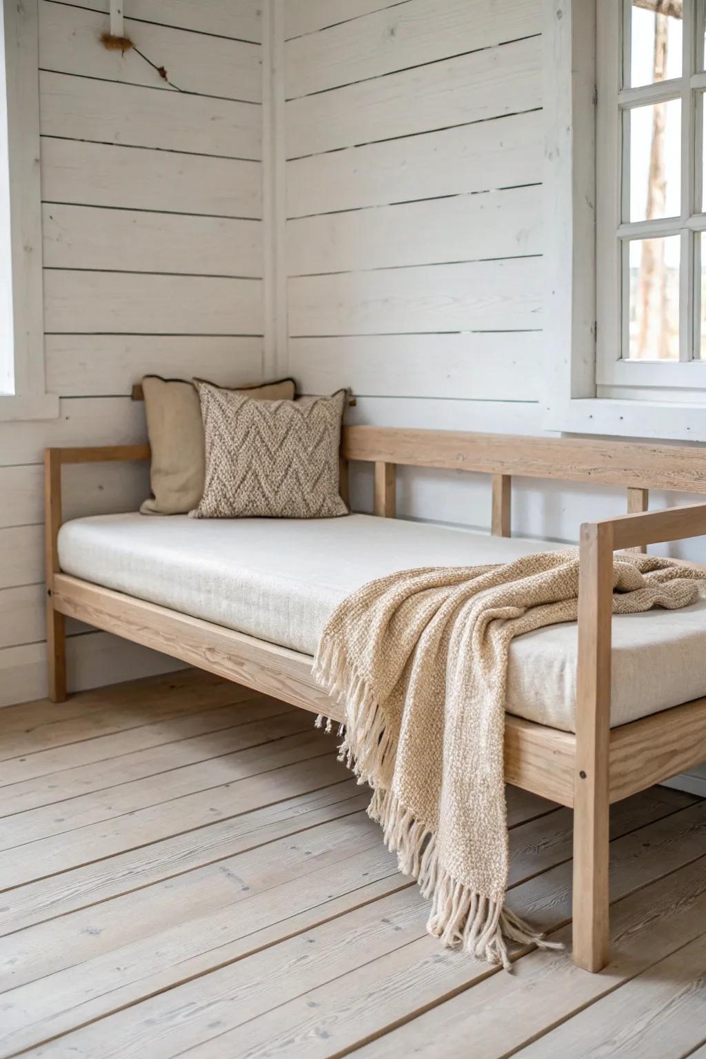 A sleek wood daybed bench adds seating by day and a cozy sleeper by night—no bulk.